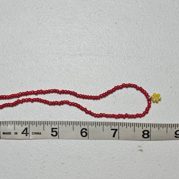 Handmade Yellow Flower Charm Necklace Boho Retro 70s Red Beaded Fashion Jewelry - Picture 5 of 5